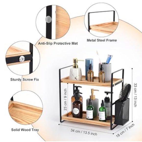 2-Tier Acacia Wood Countertop Organizer for Makeup/ Vanity/ Bathroom/ Kitchen - Picture 2 of 11